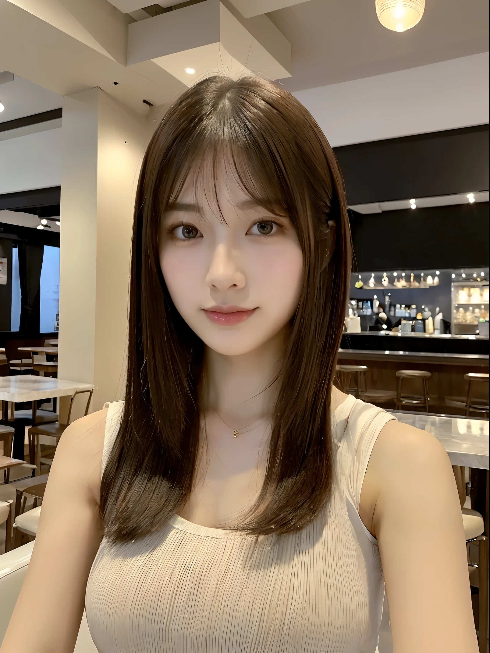 (The ultra -The high-definition:1.5)(ultra-detailliert:1.3) (ultra-quality) (An ultra-high picture quality:1.5) (rialistic photo:1.3) A Japanese Lady　21years old　((detailed and beautiful faces:1.3)) ((realistic skin textures:1.say exactly, High-quality eyes:1.3)) ((The beauty of detailed and high-quality ears:1.3)) ((Beautiful skin that is very fair and transparent:1.3)) ((Beautifully groomed straight short bob hair:1.3))Complete body　beautiful proportion　(Thin sleeveless shirt in fabric)　The background is the inside of a cafe at dusk....　Beautiful, Luxurious and stylish interior　((happy viewers&#39;s eyes)) Wet lips ajar　 Colossal tits　Unclear　((kawaii))