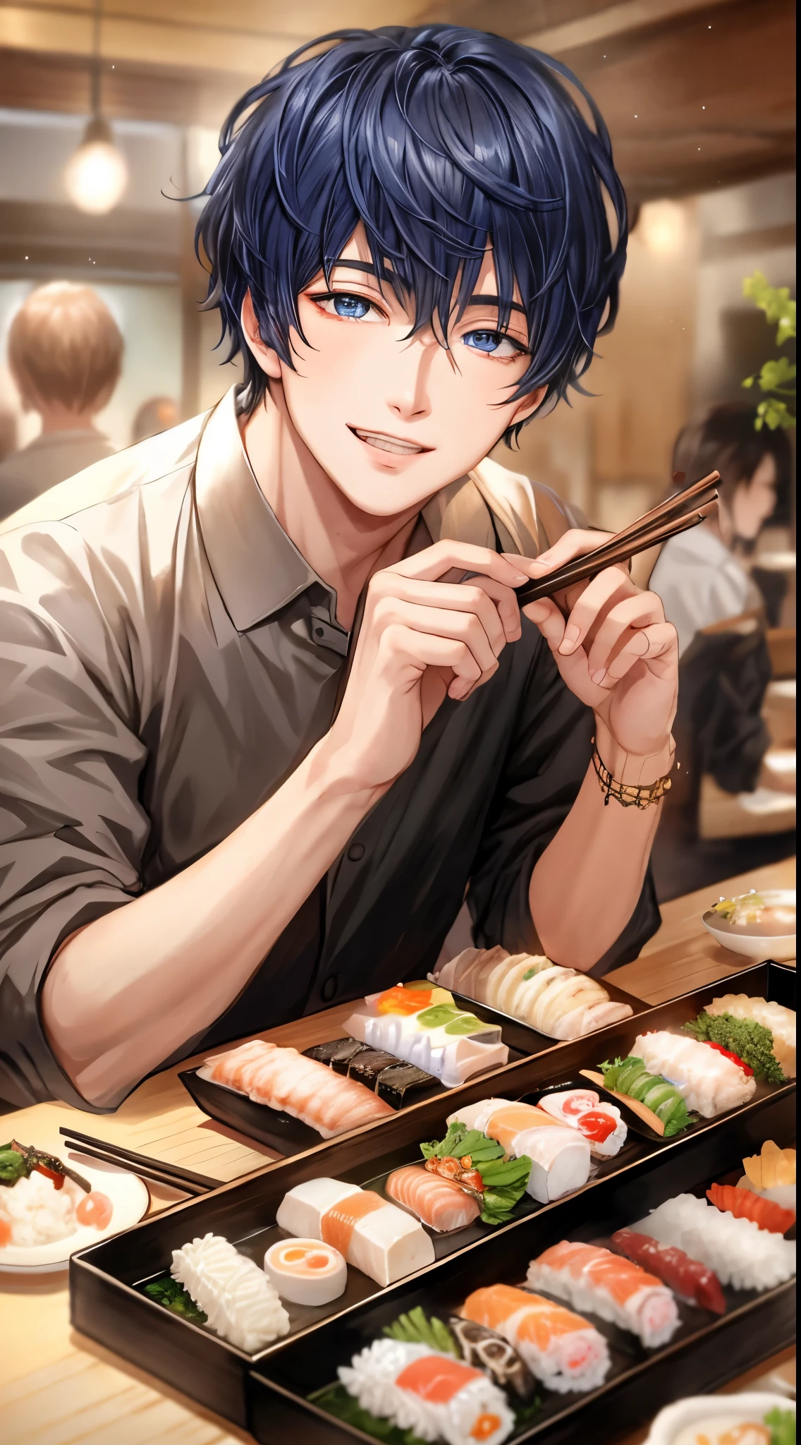 Handsome man、blue eyess、holding chopsticks、Cool Face、Clothes are black、Very detailed CG Unity 8K wallpaper, (Super masterpiece, Beautiful person, well detailed face polluted smile, Photorealistic, hyper realisitic)、sushi izakaya background、jpn