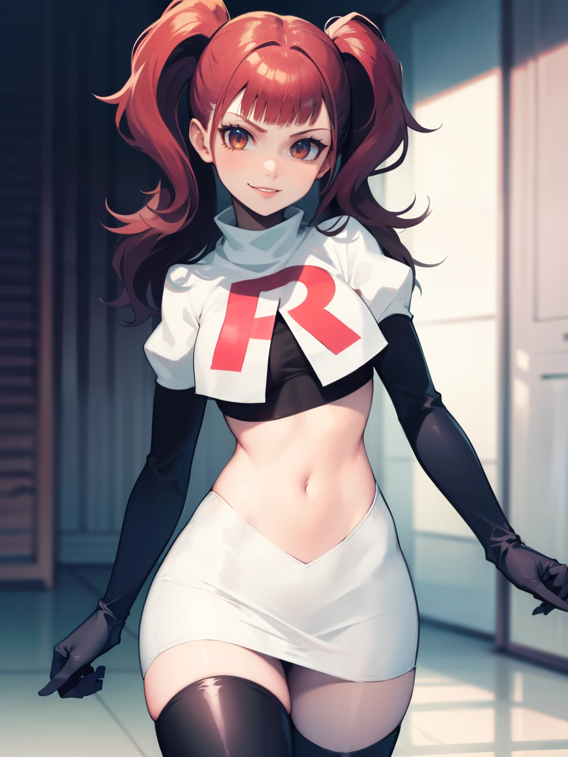 Rise Kujikawa (Persona) ,glossy lips ,team rocket uniform, red letter R, white skirt,white crop top,black thigh-high boots, black elbow gloves, evil smile, looking at viewer, cowboy shot