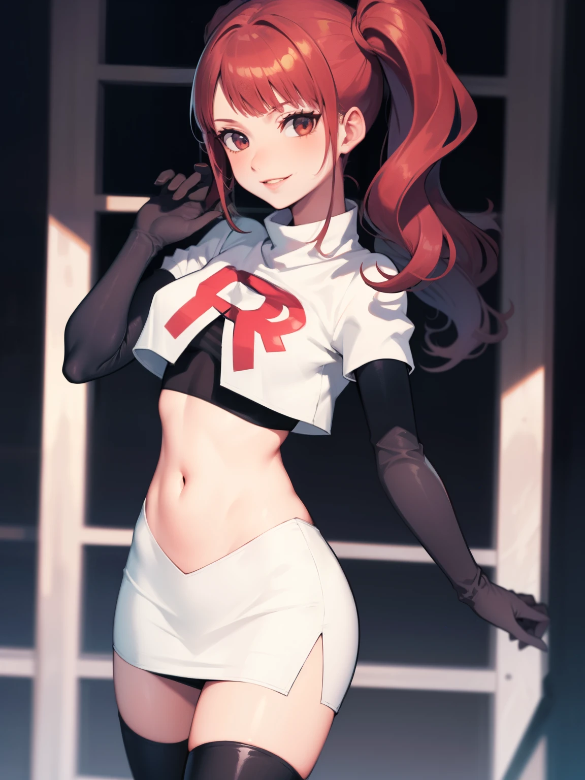 Rise Kujikawa (Persona) ,glossy lips ,team rocket uniform, red letter R, white skirt,white crop top,black thigh-high boots, black elbow gloves, evil smile, looking at viewer, cowboy shot