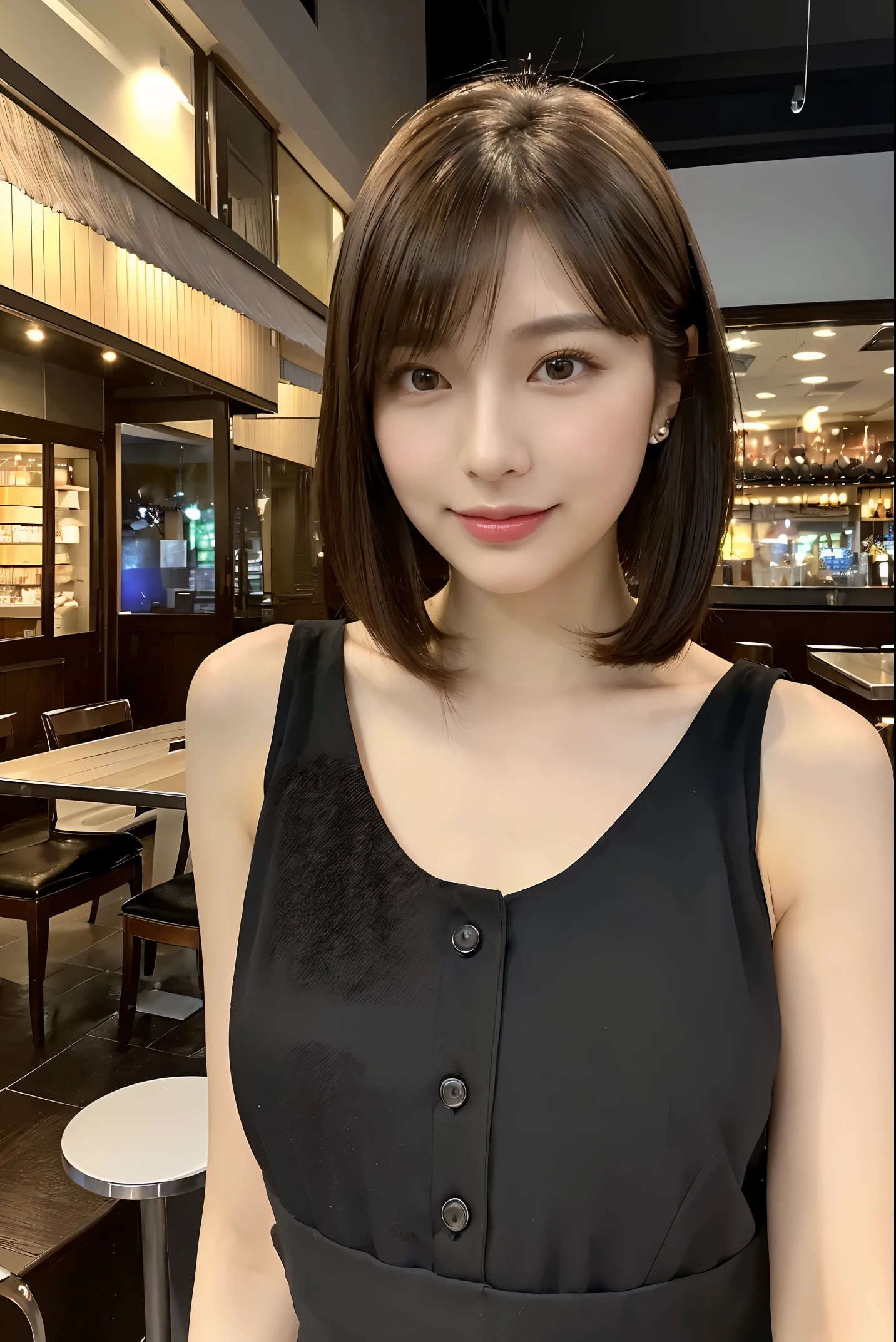 (The ultra -The high-definition:1.5)(ultra-detailliert:1.3) (ultra-quality) (An ultra-high picture quality:1.5) (rialistic photo:1.3) A Japanese Lady　21years old　((detailed and beautiful faces:1.3)) ((realistic skin textures:1.say exactly, High-quality eyes:1.3)) ((The beauty of detailed and high-quality ears:1.3)) ((Beautiful skin that is very fair and transparent:1.3)) ((Beautifully groomed straight short bob hair:1.3))Complete body　beautiful proportion　(Trendy fashion using thin fabrics) (Sleeveless) The background is the inside of a cafe at dusk....　Beautiful depiction, Luxurious and stylish interior　((happy viewers&#39;s eyes)) Wet lips ajar　 Colossal tits　Unclear　((kawaii)) (Stunning high resolution images) girls are very interested in men&#39;Body of