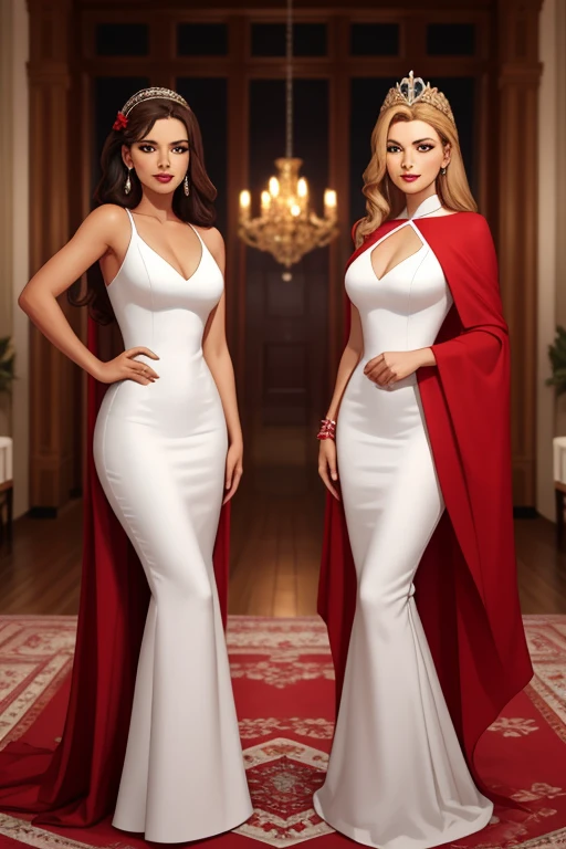 beautiful tall japanese sisters, big realistic eyes and big lips, evening make up, wearing very tight elaborate dress standing next to each other, full body shot