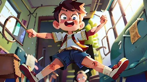 (sfw),A boy with,jump off the train,Hilariously,Rejoiced,Perfect quality,Clear focus,clear colors,Clear face,Intricate details are the feet,ultra-low perspective,wide wide shot --v 6