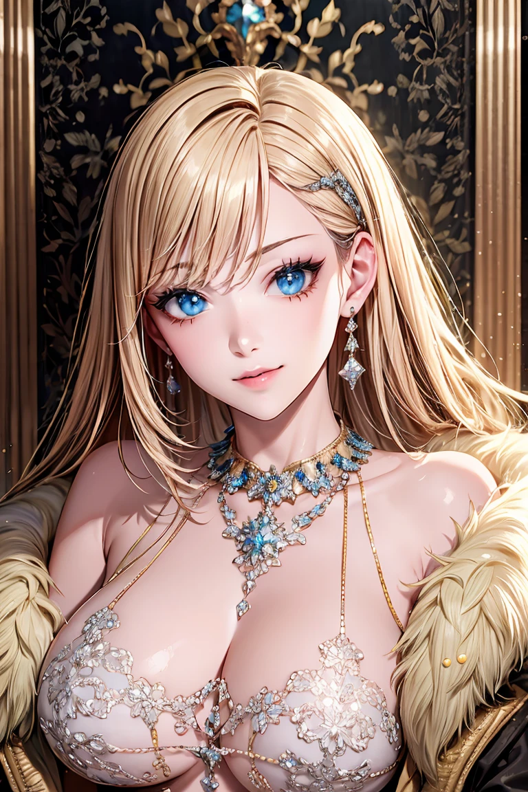 shoujo-style, (floral background, romance manhwa),1girl, gentle smile, Medieval queen, aristocrat, noble, jewelry, ((fur coat)), jewelry, (puffy sleeve:1.2), golden, earrings, armlet, bracelet, luxury, celebrity, Throne, looking at viewer, drill hair, voluminous hair, Curl inside hair, gigantic breast, hanging breast, portrait,dynamic cut, dutch angle