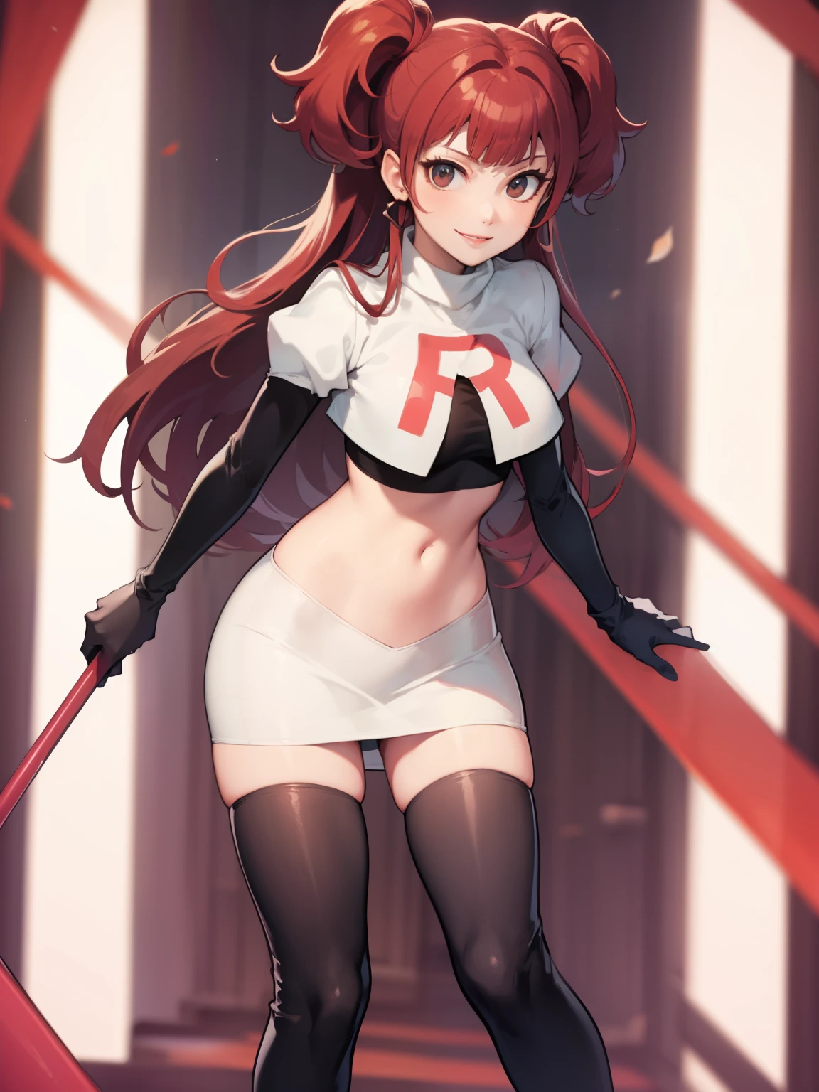 Rise Kujikawa (Persona) ,glossy lips ,team rocket uniform, red letter R, white skirt,white crop top,black thigh-high boots, black elbow gloves, evil smile, looking at viewer, cowboy shot