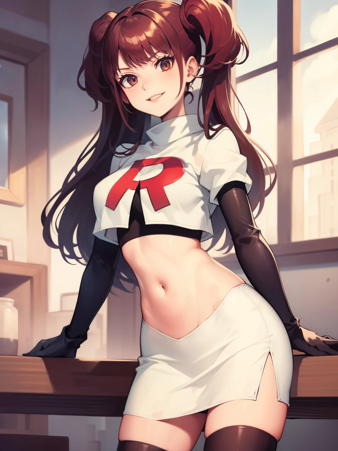 Rise Kujikawa (Persona) ,glossy lips ,team rocket uniform, red letter R, white skirt,white crop top,black thigh-high boots, black elbow gloves, evil smile, looking at viewer, cowboy shot