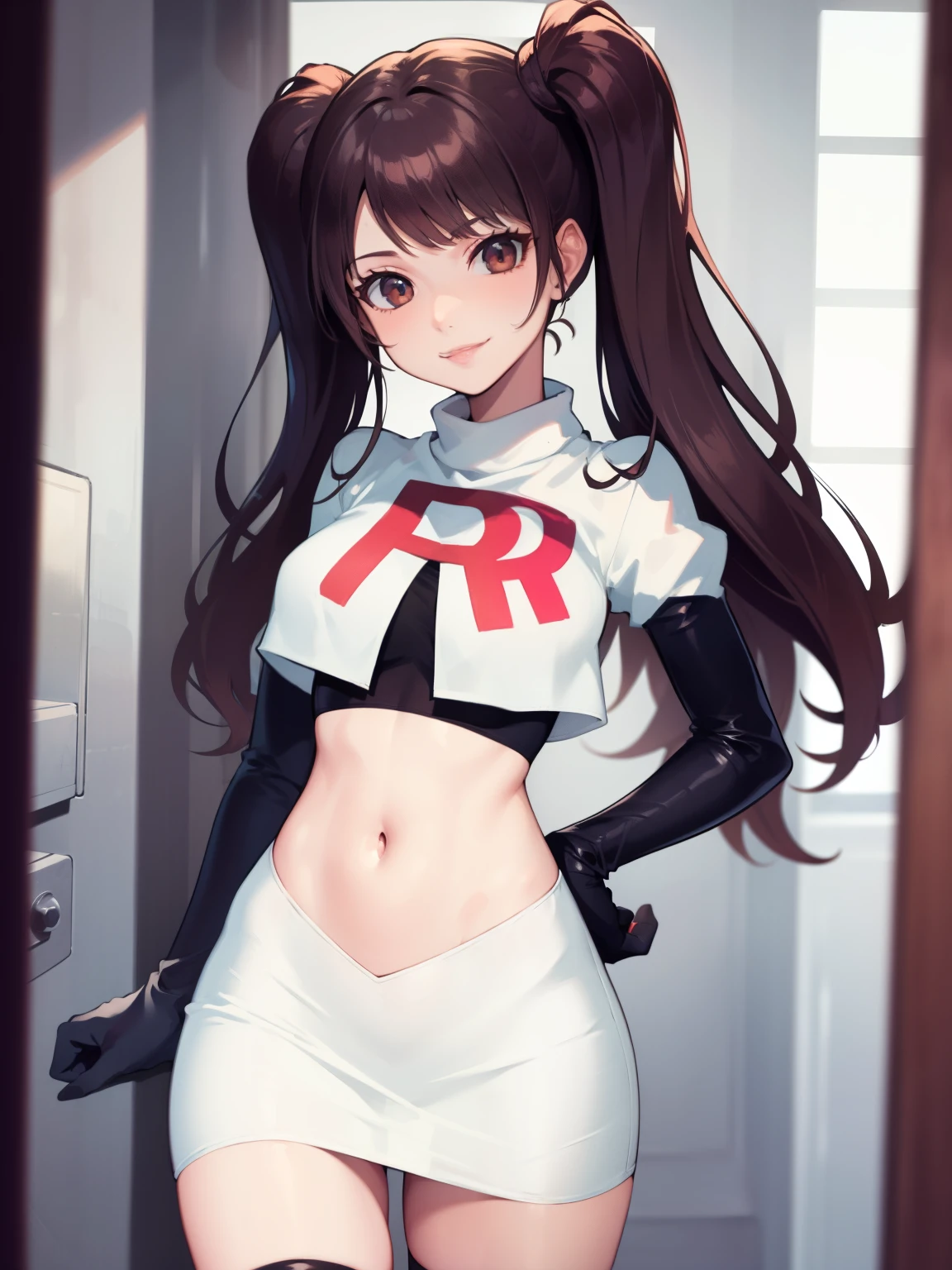 Rise Kujikawa (Persona) ,glossy lips ,team rocket uniform, red letter R, white skirt,white crop top,black thigh-high boots, black elbow gloves, evil smile, looking at viewer, cowboy shot