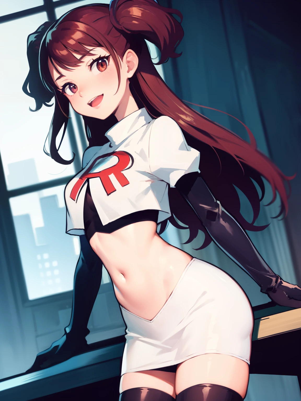 Rise Kujikawa (Persona) ,glossy lips ,team rocket uniform, red letter R, white skirt,white crop top,black thigh-high boots, black elbow gloves, evil smile, looking at viewer, cowboy shot