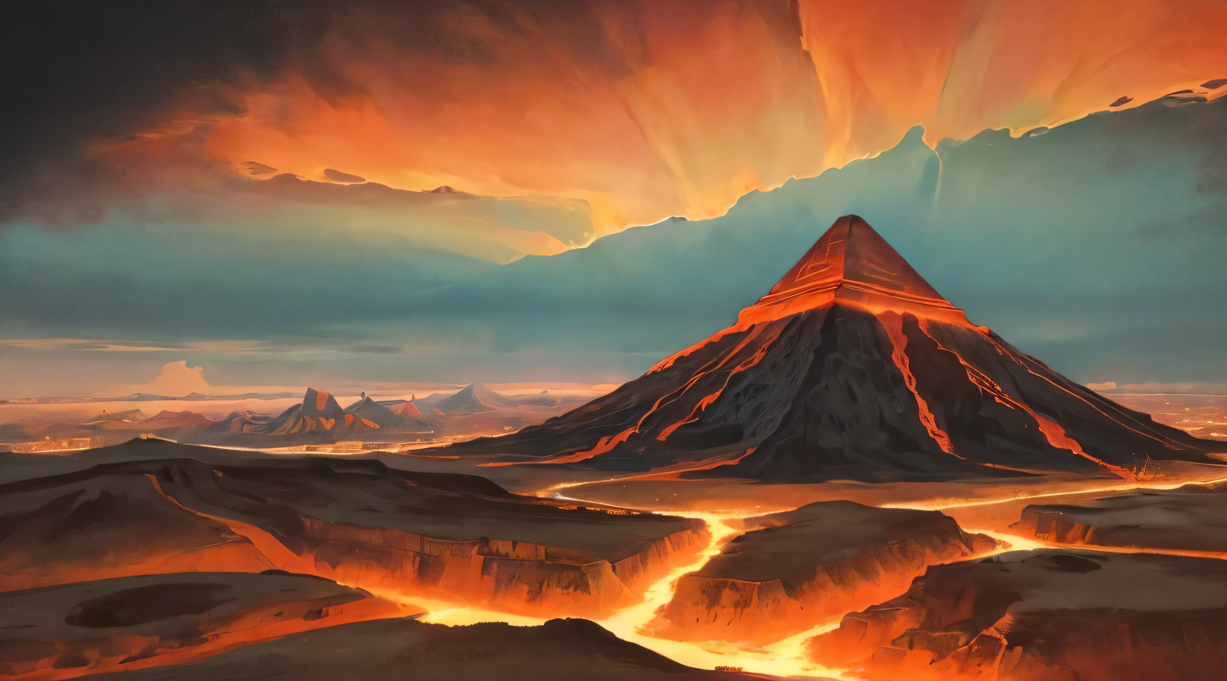 Scenery , Mayan Pyramid ,Several volcanoes in the flaming mountains with a distant city on the horizon A dark medieval city of darkness The city that represents the essence of volcanoes as hell The sky is black Clouds of black smoke and a red moon in a landscape of an RPG art A dark medieval art A medieval city , masterpiece , best quality, high quality