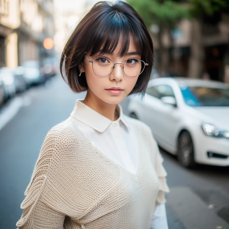 ((Best quality, 8k, Masterpiece: 1.3)), Sharp focus A beautiful woman with perfect body, Slim abdomen, ((Layered haircut: 1.2)), (White shirt), (Street: 1.2), Highly detailed face and skin texture, Detailed eyes, Double eyelid dark skin, tanned body, shy expression, wearing glasses, alluring expression , wearing sweater
