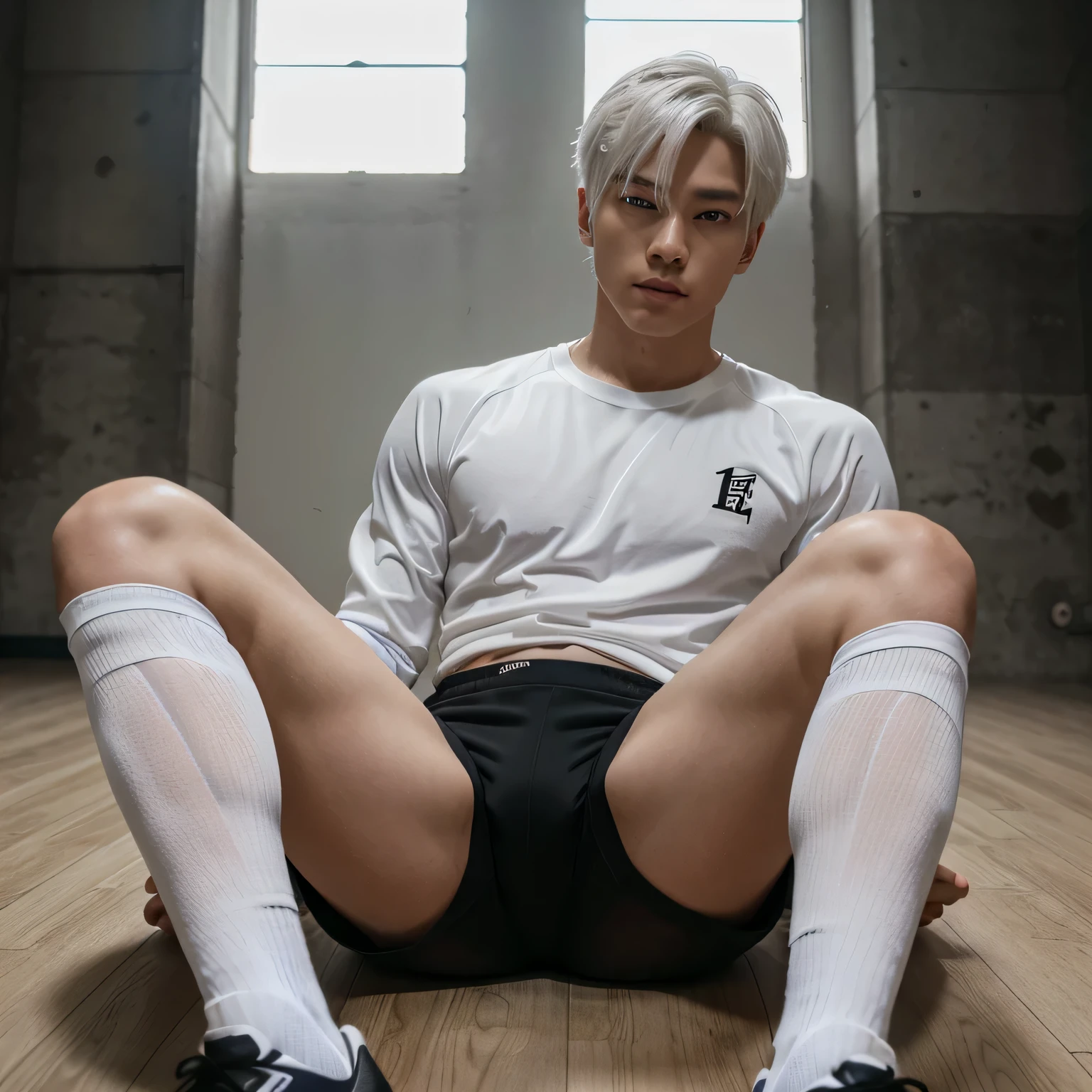 1 Male, male Korean, male Kpop idol aesthetic,white hair with dark roots, man oval face, male with pale skin, dark brown eyes, muscular body, gym background, wearing a soccer shorts, handsome wearing a black longsleeve compression tshirt, , shin guards, shinny soccer cleats, soccer socks, sat on the floor, with one leg up showing up cleats to camera, high detail, show muscles, high detail, profesional lighting, charmin looking expression