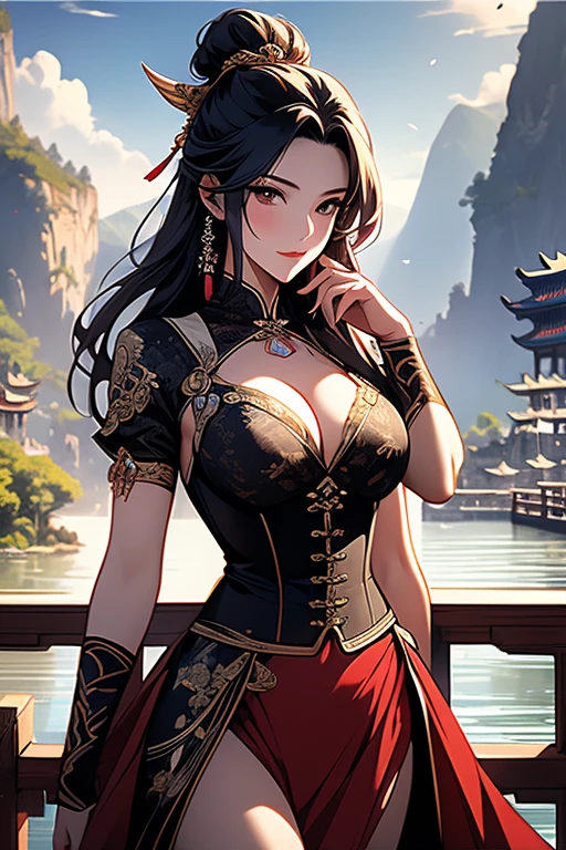 sexy beautiful woman in a corset, Ancient Chinese scenery, mountains, rivers, auspicious clouds, sunshine, masterpieces, super detail, epic composition, ultra HD, high quality, extremely detailed, official art, unified 8k wallpaper, Super detail, 32k -- v 6