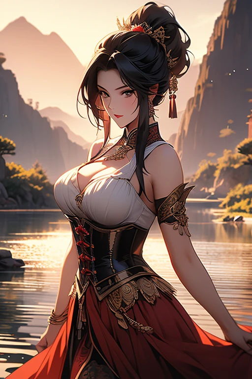 sexy beautiful woman in a corset, Ancient Chinese scenery, mountains, rivers, auspicious clouds, sunshine, masterpieces, super detail, epic composition, ultra HD, high quality, extremely detailed, official art, unified 8k wallpaper, Super detail, 32k -- v 6