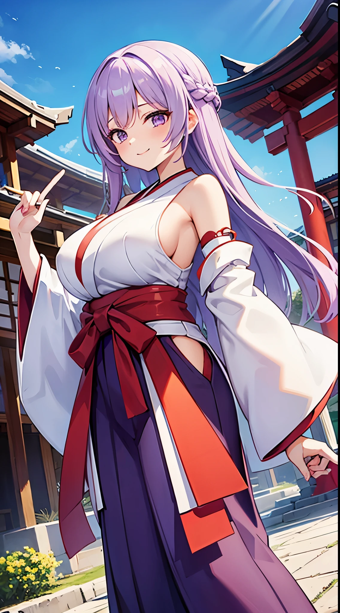 1 girl, game cg, miko, shoulders visible, short hakama skirt, gigantic breasts, light purple hair, long hair, french braid, purple eyes, smile, dynamic, Japanese shrines,