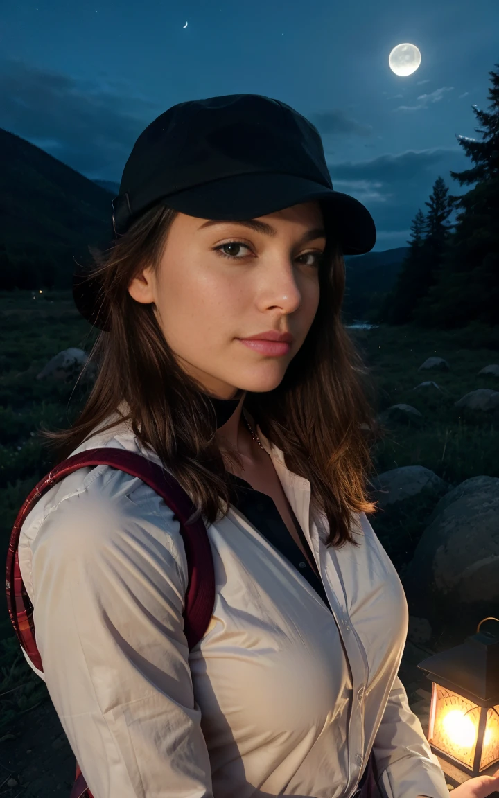 1 woman ((upper body selfie, happy)), masterpiece, best quality, ultra-detailed, solo, outdoor, (night), mountains, nature, (stars, moon) cheerful, happy, backpack, sleeping bag, camping stove, water bottle, country boot, country hat, red plaid shirt long sleeve open, lantern, forest, rocks, river, wood, smoke, shadows, contrast, clear sky, style, (warm hue, warm tone: 1.2), close-up, cinematic light, side lighting, ultra high resolution, best shadow, RAW, upper body, wearing lingerie, seductive look, huge breasts, 4k, open neckline, sexy