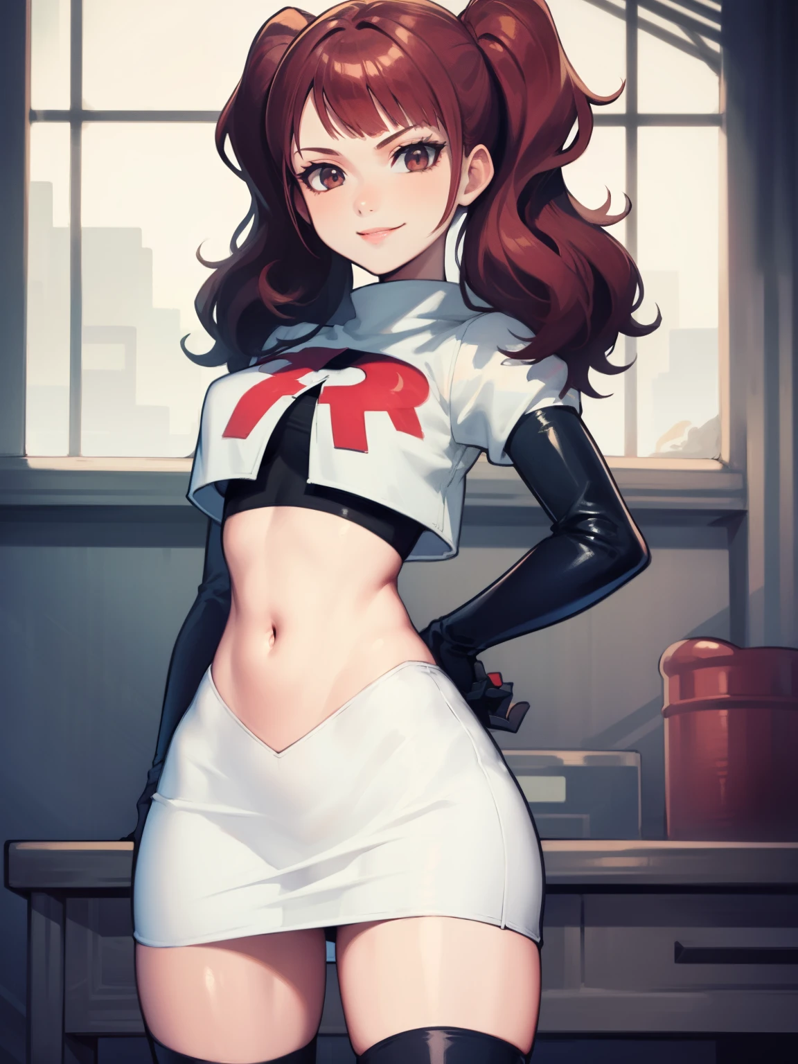 Rise Kujikawa (Persona) ,glossy lips ,team rocket uniform, red letter R, white skirt,white crop top,black thigh-high boots, black elbow gloves, evil smile, looking at viewer, cowboy shot