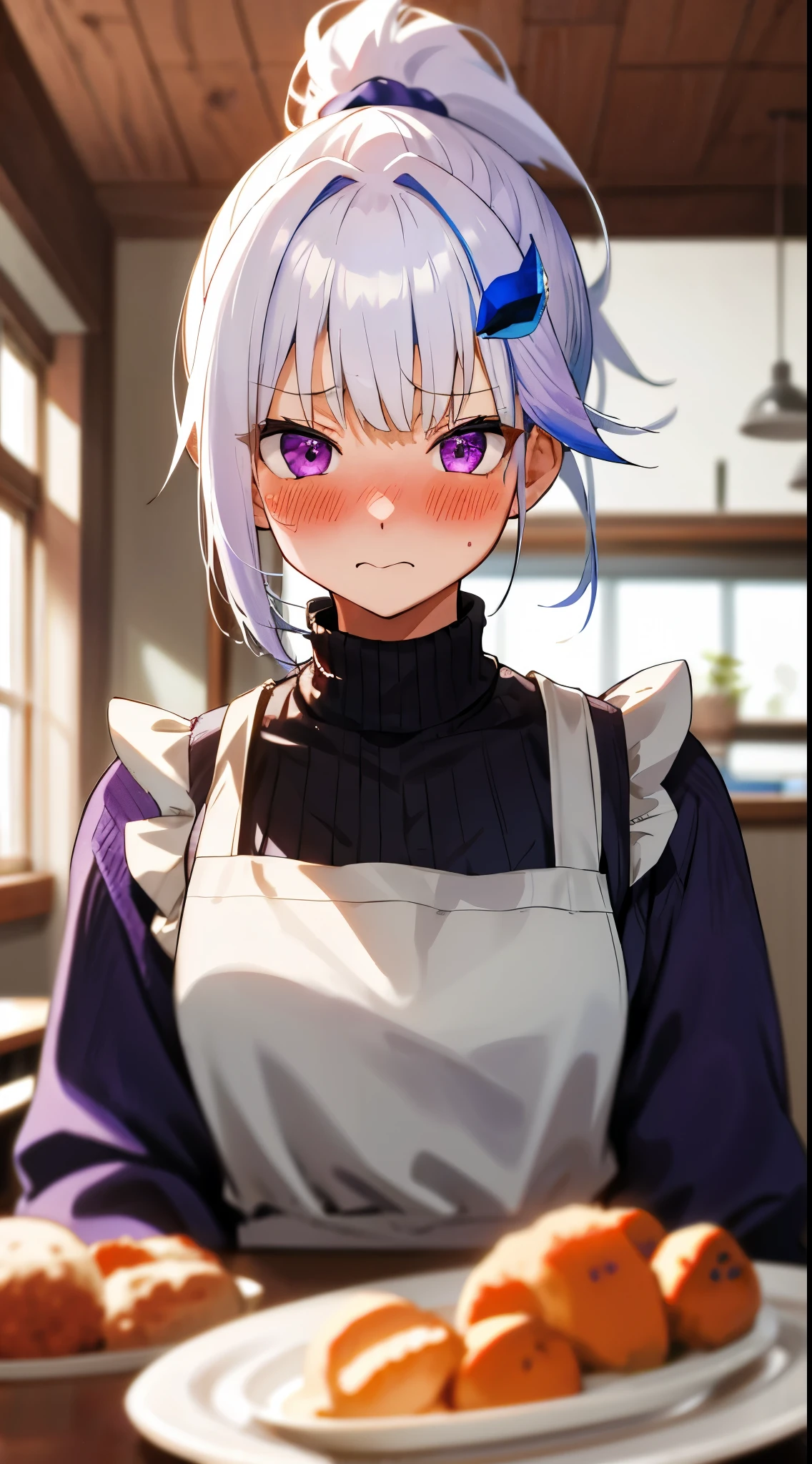 One girl with high ponytail hair, bangs, white hair, blue inner hair:1.25) , purple eyes, looking at viewer, blushing, embarrassed, indoor, dining room, kitchen, table, sitting, sweaters, apron, mid-chest, day atmosphere, hair ornament, medium breasts, upper body, focus, blurry background, food