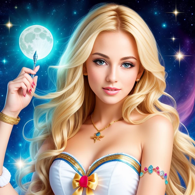 (best quality,8k,1750HD resolution),Mature and realistic depiction:1.2,Sailor Moon confidently wielding the Moon wand,flowing blonde hair,trendy 2000s fashion,beautiful detailed eyes,detailed lips,extremely detailed eyes and face,long eyelashes,vivid colors,textured fabric,portraits,radiant light,captivating dynamic pose,sparking magical effects
