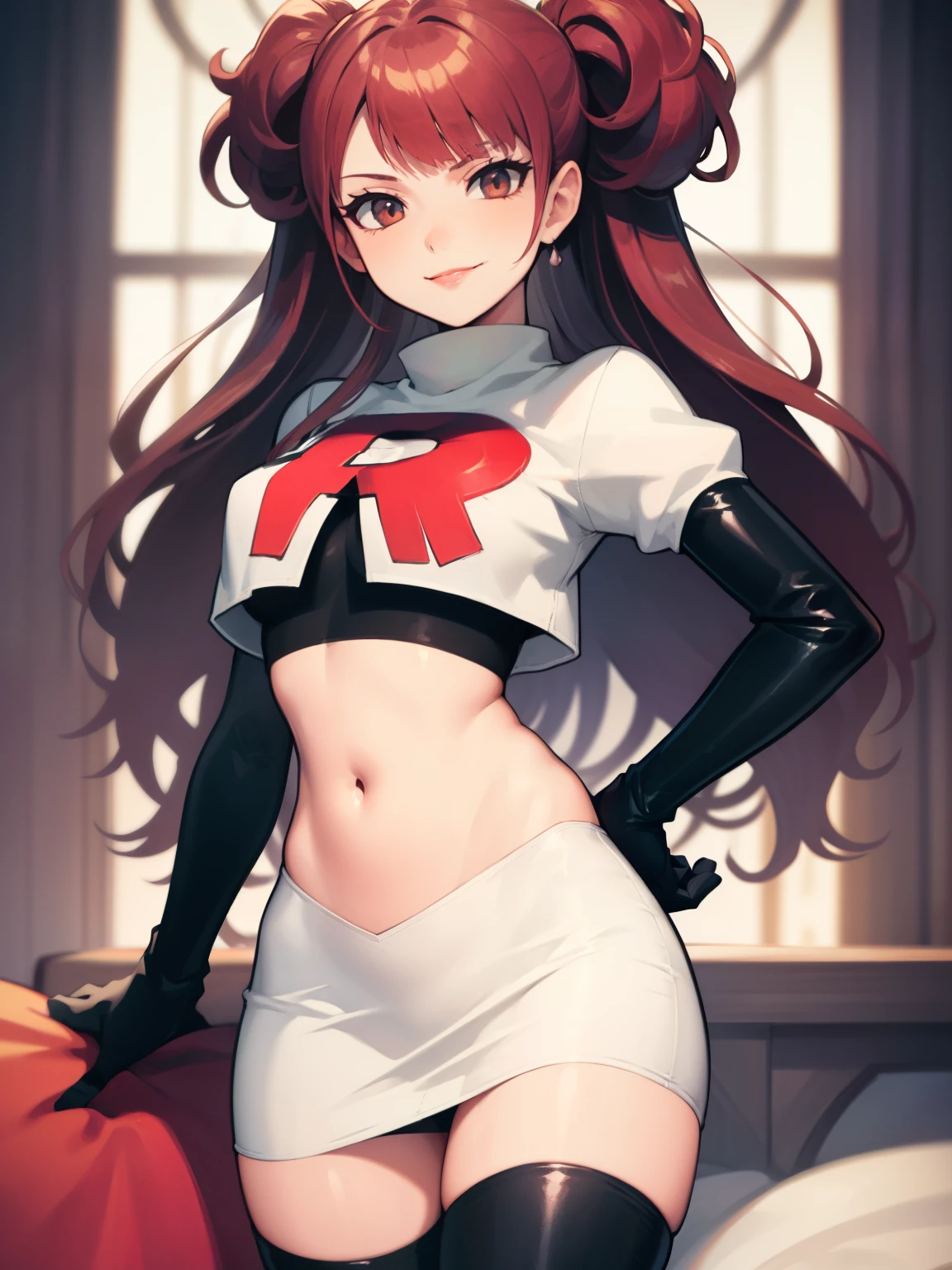 Rise Kujikawa (Persona) ,glossy lips ,team rocket uniform, red letter R, white skirt,white crop top,black thigh-high boots, black elbow gloves, evil smile, looking at viewer, cowboy shot