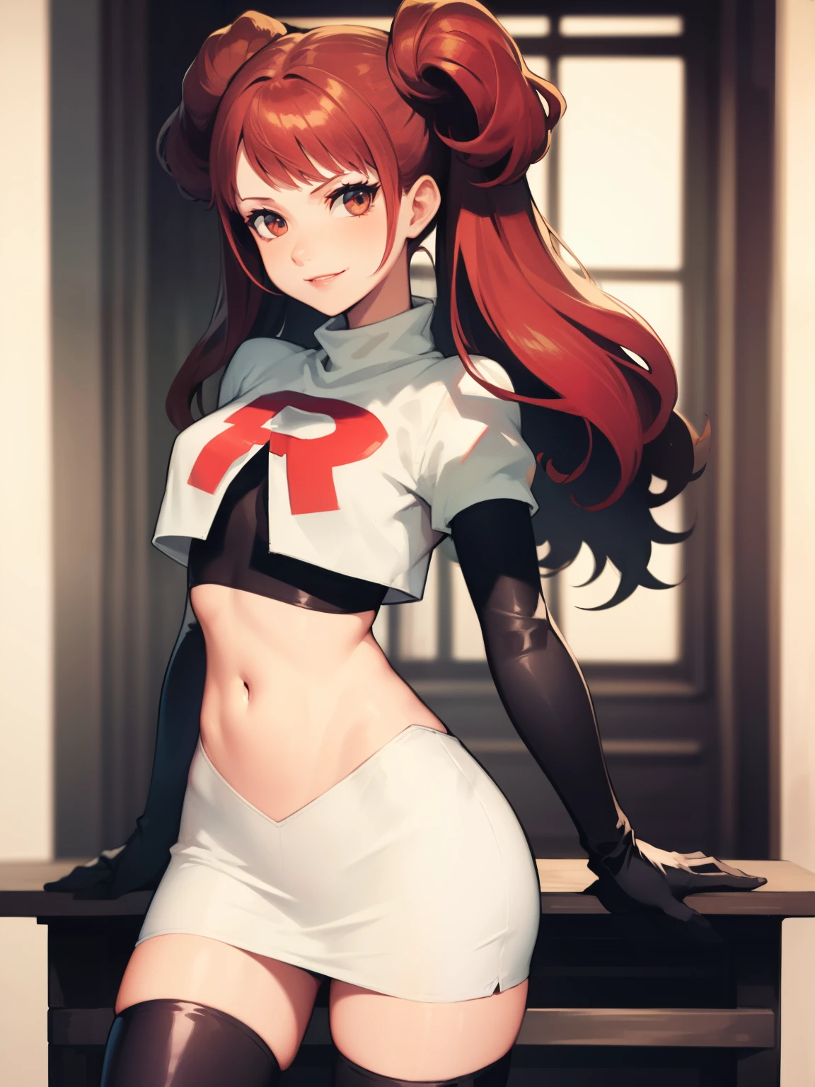 Rise Kujikawa (Persona) ,glossy lips ,team rocket uniform, red letter R, white skirt,white crop top,black thigh-high boots, black elbow gloves, evil smile, looking at viewer, cowboy shot