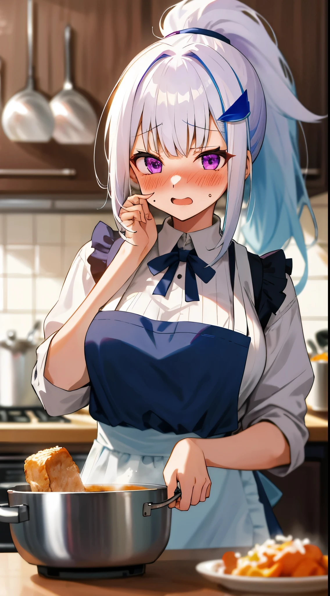 One girl with high ponytail hair, bangs, white hair, blue inner hair:1.25) , purple eyes, looking at viewer, blushing, embarrassed, open mouth, indoor, Cooking food, kitchen, sweaters, apron, mid-chest, day atmosphere, hair ornament, medium breasts, upper body, focus, blurry background, food