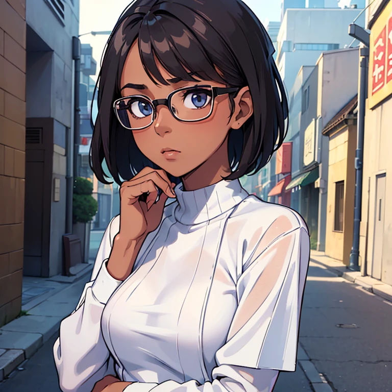((Best quality, 8k, Masterpiece: 1.3)), Sharp focus A beautiful woman with perfect body, Slim abdomen, ((Layered haircut: 1.2)), (White shirt), (Street: 1.2), Highly detailed face and skin texture, Detailed eyes, Double eyelid dark skin, tanned body, shy expression, wearing glasses, alluring expression , wearing sweater