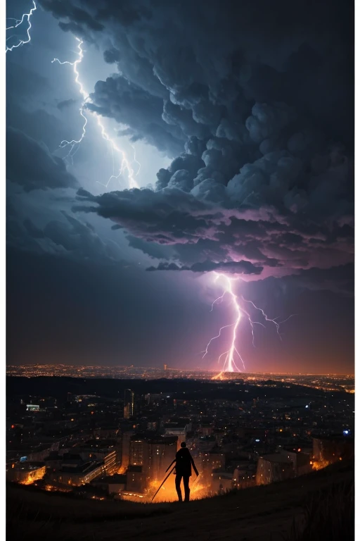 Person on a hill watching a city on fire during a lightning storm as the reaper with his scythe descends from the skies in a chariot.