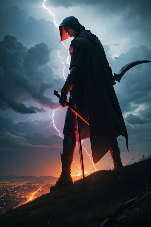 Person on a hill watching a city on fire during a lightning storm as the reaper with his scythe descends from the skies in a chariot.