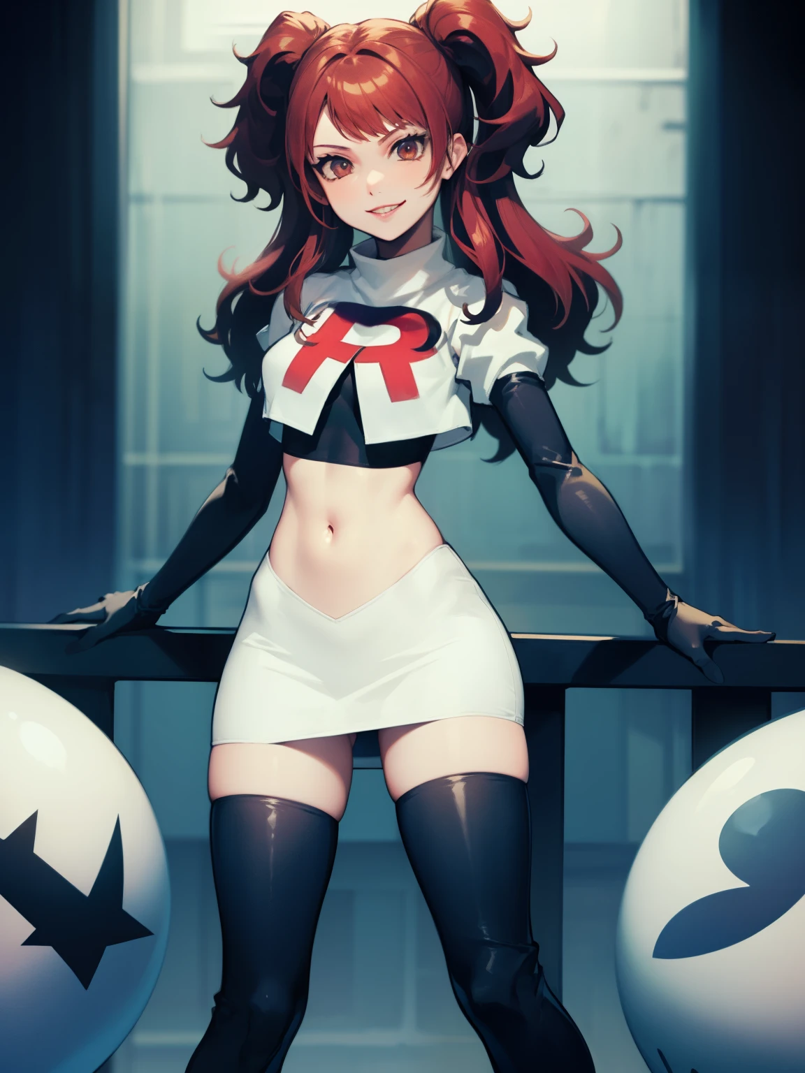 Rise Kujikawa (Persona) ,glossy lips ,team rocket uniform, red letter R, white skirt,white crop top,black thigh-high boots, black elbow gloves, evil smile, looking at viewer, cowboy shot