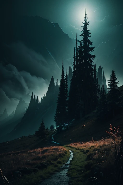 (masterpiece, best quality:1.4), cinematic light, colorful, high contrast, mountain, grass, tree, night, (horror (theme):1.2), (monster:1.2), dark