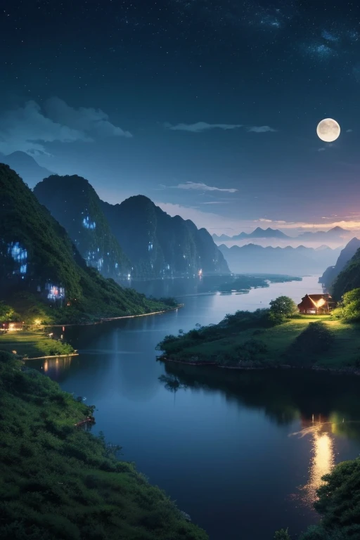 night scene with some house asian, vietnam, viet nam, ha giang, moon, lake in the foreground, calm night, green and blue, digital illustration, 4k highly detailed digital art, night scenery, anime art wallpaper 4k, anime art wallpaper 4 k, 4k detailed digital art, nighttime nature landscape, anime art wallpaper 8 k, background artwork, beautiful art uhd 4 k, 4 k hd illustrative wallpaper