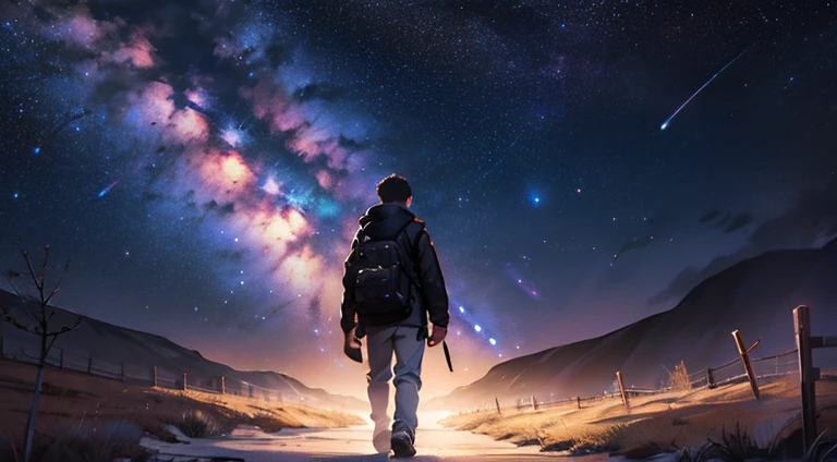 A boy walks alone under the Milky Way