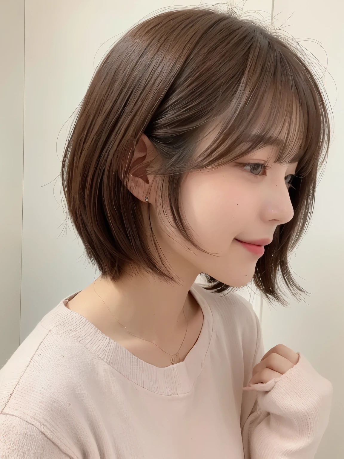 white walls、Taken in front of the white door、(窓のあるwhite wallsの部屋)、(8K、Raw photography、top-quality、​masterpiece:1.2)、high-definition RAW color photography、professional photograpy、(realisitic、フォトrealisitic:1.37)、Shot in natural light、1girl in、A smile、(Poses variadas)、Crouch down、crouching down、BREAK (Ombre:1.3) 、Winter clothes、 Necklace、(Beautiful profile:1.3)、Don't look at the camera、profile、short-cut、((Brown hair)、short-hair、Eye color is dark brown、(Beautiful profile:1.3)、correct hand of human body、Depressed、pastel clothing