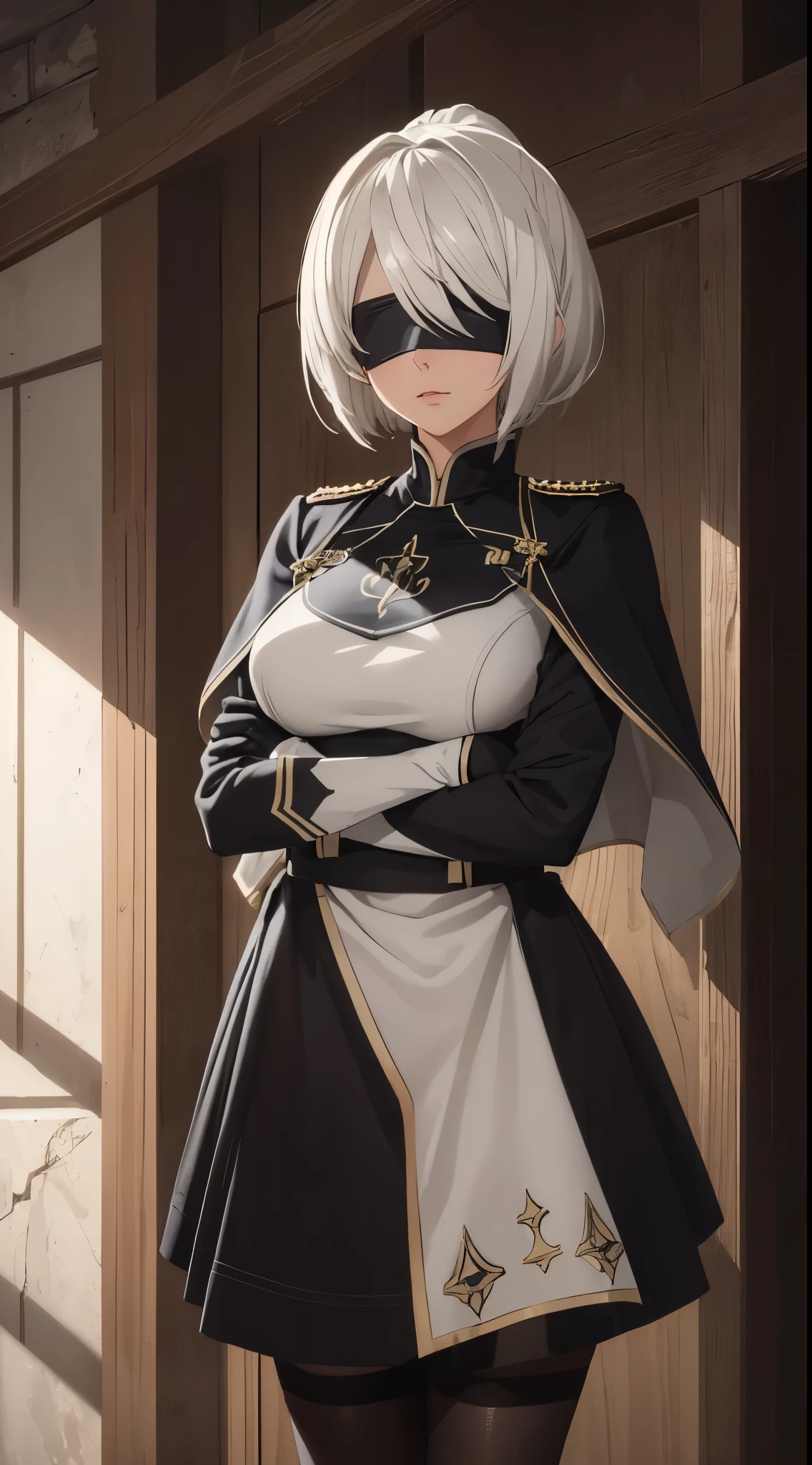 (extremely detailed CG unity 8k wallpaper), (masterpiece), (best quality), (ultra-detailed), (best illustration), (best shadow), (absurdres), 2b, 1girl, short hair, long ponytail, normal size boobs, white hair, blindfold solo, Intimidating women, admiral uniform, night, hero pose, white clothes, General Uniform, Military Uniform, Sunlight, exposed to sunlight,commander, cape, fighting, ((beautiful fantasy girl)), (Master Part: 1.2), Best Quality, High Resolution, photorealestic, photogenic, Unity 8k壁纸, perfect lighting, (perfect arms, perfect anatomy) beatiful face, intricate details, Detalhes realistas, the anime, The Perfect Girl, perfect details, Ultra HD |, 8K, Professional photo(extremely detailed CG unity 8k wallpaper), (masterpiece), (best quality), (ultra-detailed), (best illustration), (best shadow), (absurdres), 2b, 1girl, short hair, short ponytail, normal size boobs, white hair, blindfold solo, Intimidating women, admiral uniform, night, hero pose, white clothes, General Uniform, Military Uniform, Sunlight, exposed to sunlight, commander, black clothes, sunkissed, sunset background