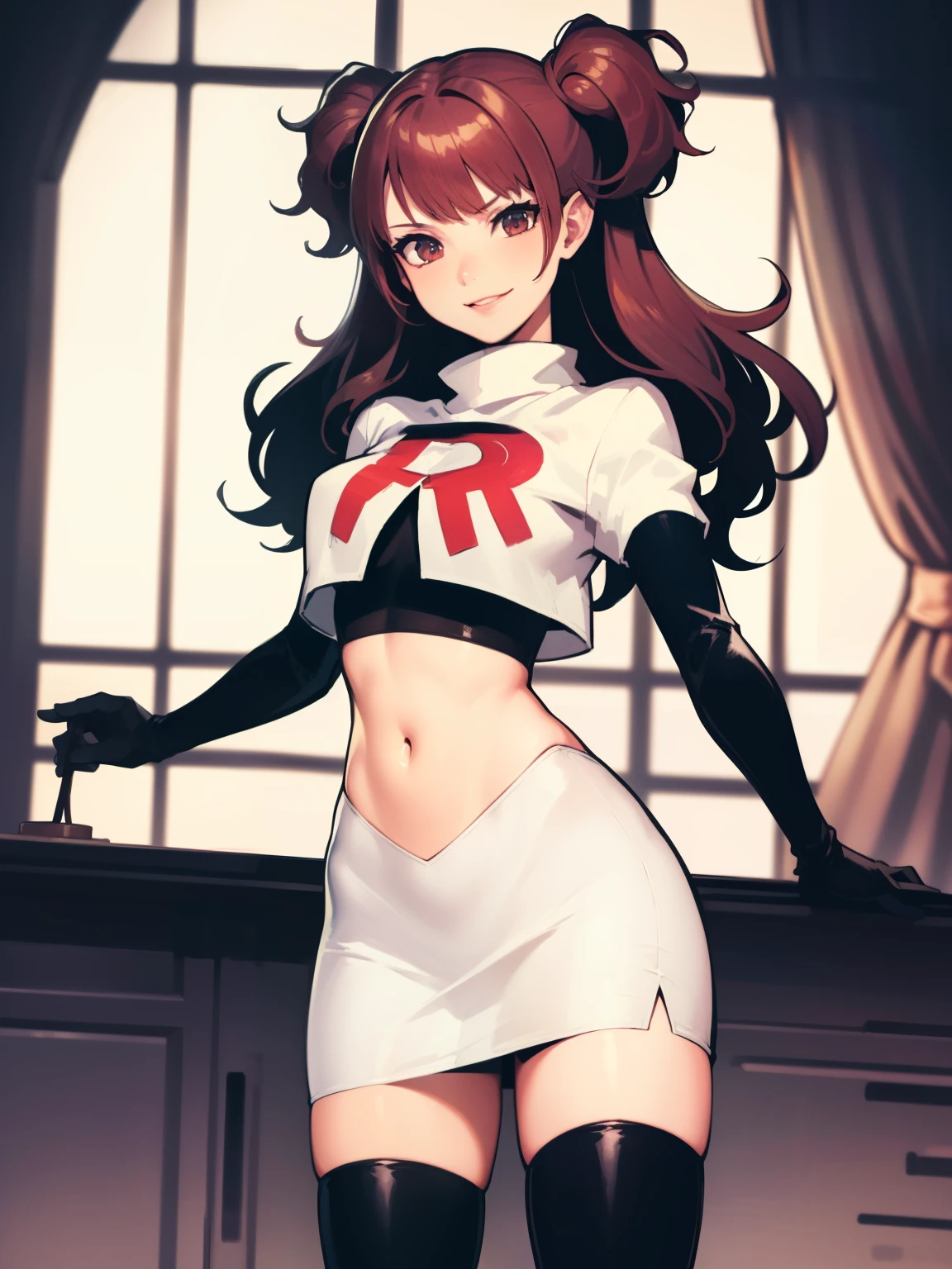 Rise Kujikawa (Persona) ,glossy lips ,team rocket uniform, red letter R, white skirt,white crop top,black thigh-high boots, black elbow gloves, evil smile, looking at viewer, cowboy shot