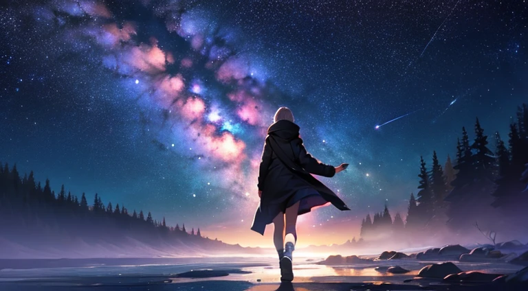 A girl walks alone under the Milky Way