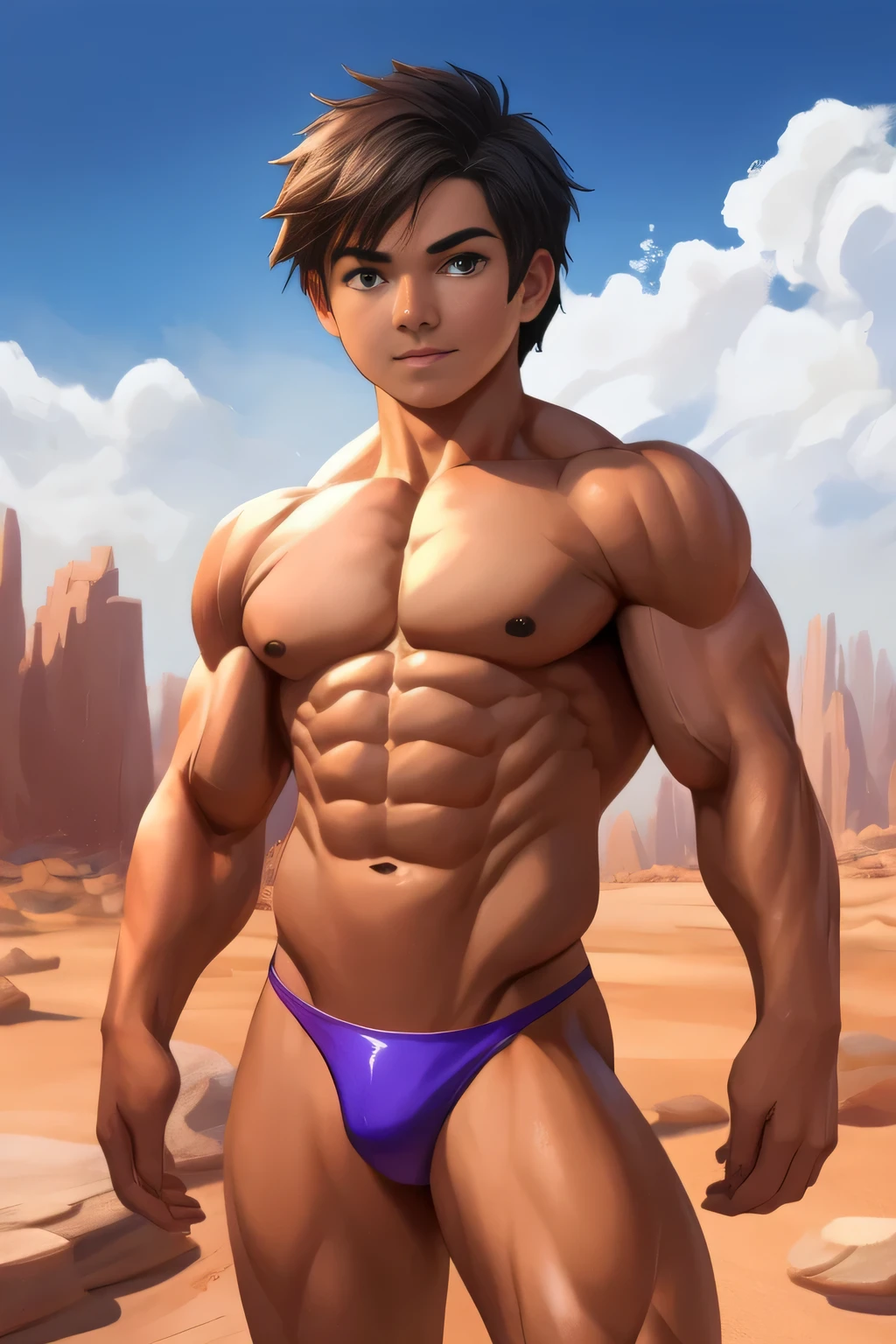 muchacho, very attractive muchacho, Etnia mexicana. piel bronceada, pelo muy corto, Joven culturista, raised muscle, hermosa musculatura, aesthetic stretch marks, Inspiring physique, lean muscle, pectorales cuadrados, hermoso cono en v, grandes abdominales y torso, tanga diminuta brillante, cara hermosa, young Rocky desert behind him, sunny day, Rocky desert behind him, Imagen de habilidad, Mirando al espectador, Pocas nubes en el cielo.