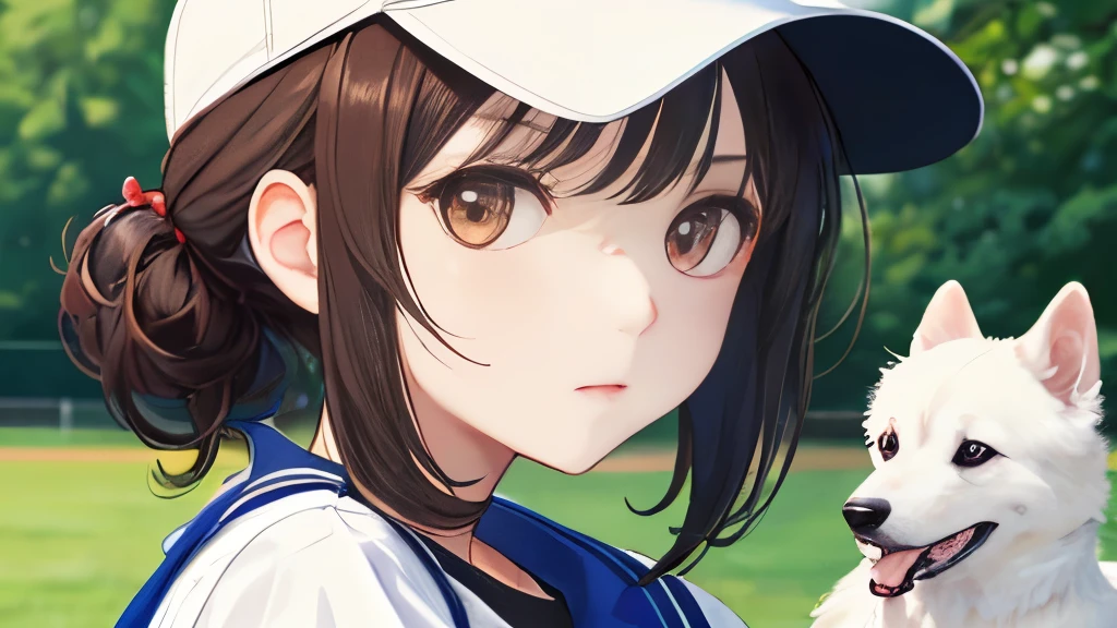 masterpiece、top-quality:1.2), 独奏, 1girl in, piper, Expressionless look at the viewer, Brown hair, poneyTail, white t-shirts, denim, Puffy Short Sleeves, Fingerless gloves, (Brown hair, Short hair, Bangs, Black Baseball Cap),playing with the dog in the park,White Pomeranian,,detailed skin,Close-up shot