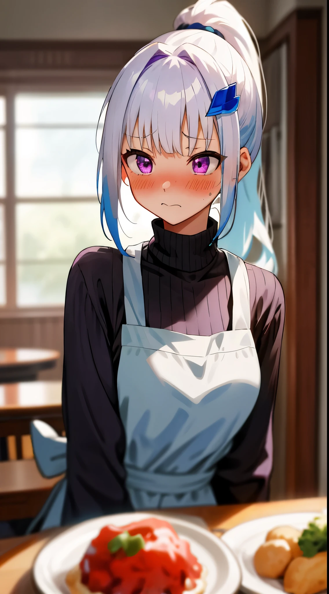 One girl with high ponytail hair, bangs, white hair, blue inner hair:1.25) , purple eyes, looking away, blushing, embarrassed, indoor, dining room, kitchen, table, sitting, sweaters, apron, mid-chest, day atmosphere, hair ornament, medium breasts, upper body, focus, blurry background, food