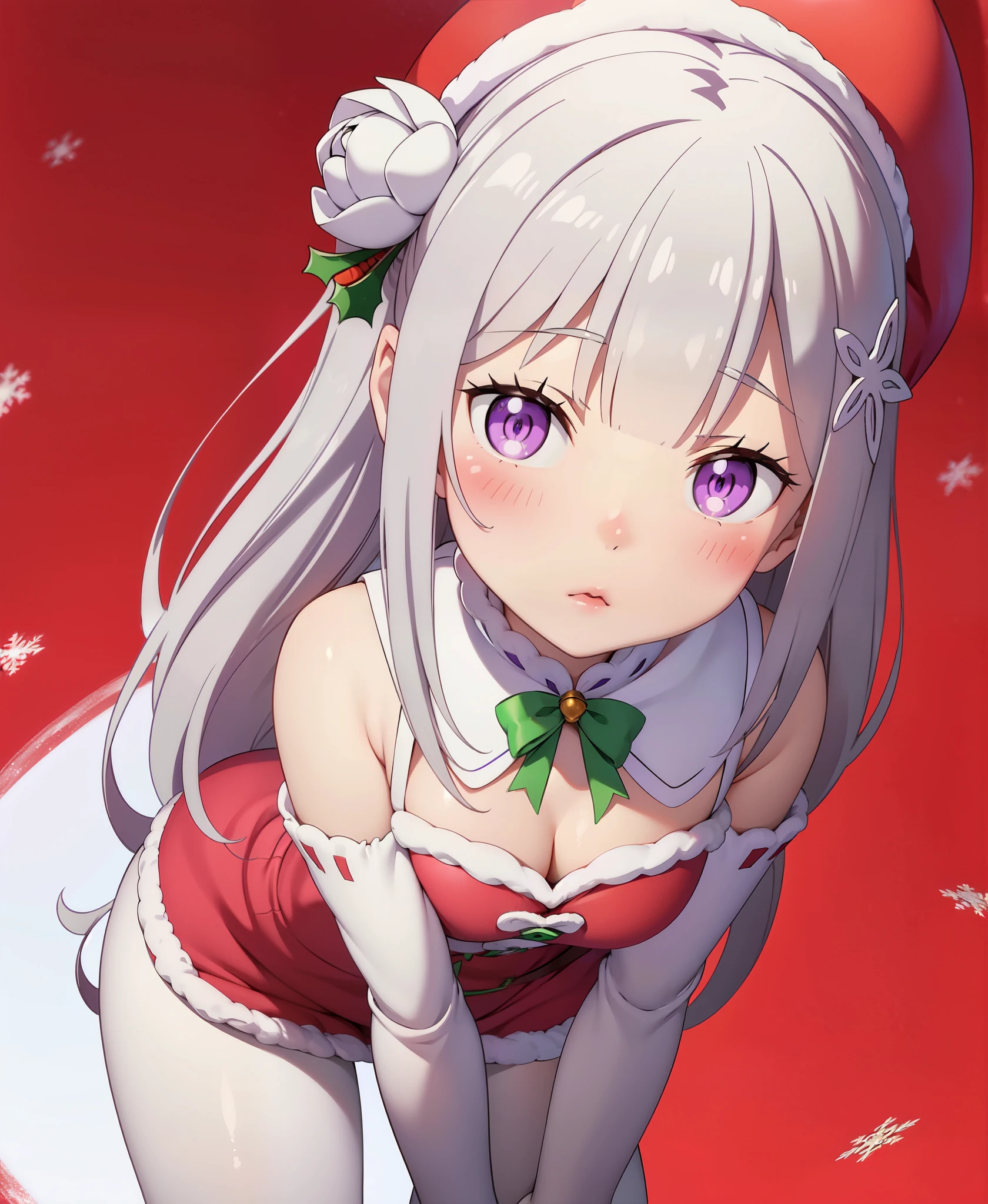 re:zero, emilia, gray hair, hair flower, masterpiece, amazing, 8k, detailed, 1girl, (from above), purple eyes, (white tights), ((leans forward)), (stands), hands behind her back, ((looking up)), (red background), falling snowflakes, ((Christmas hat))