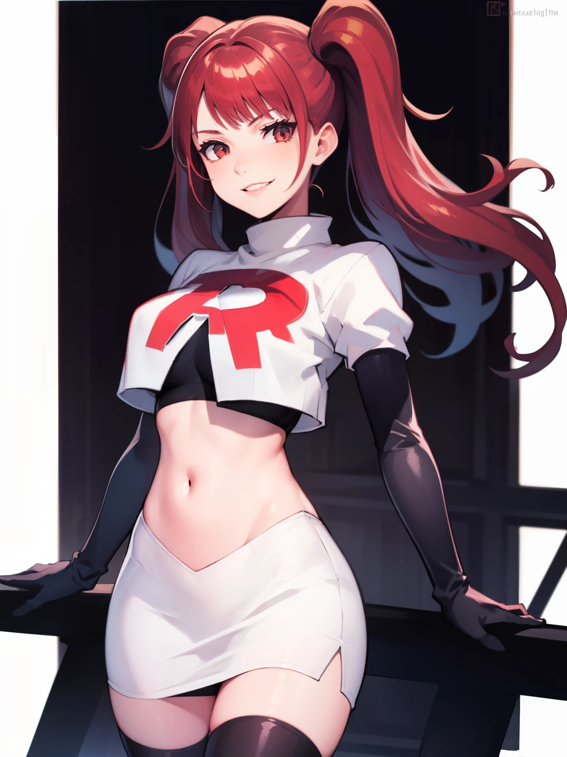 Rise Kujikawa (Persona) ,glossy lips ,team rocket uniform, red letter R, white skirt,white crop top,black thigh-high boots, black elbow gloves, evil smile, looking at viewer, cowboy shot