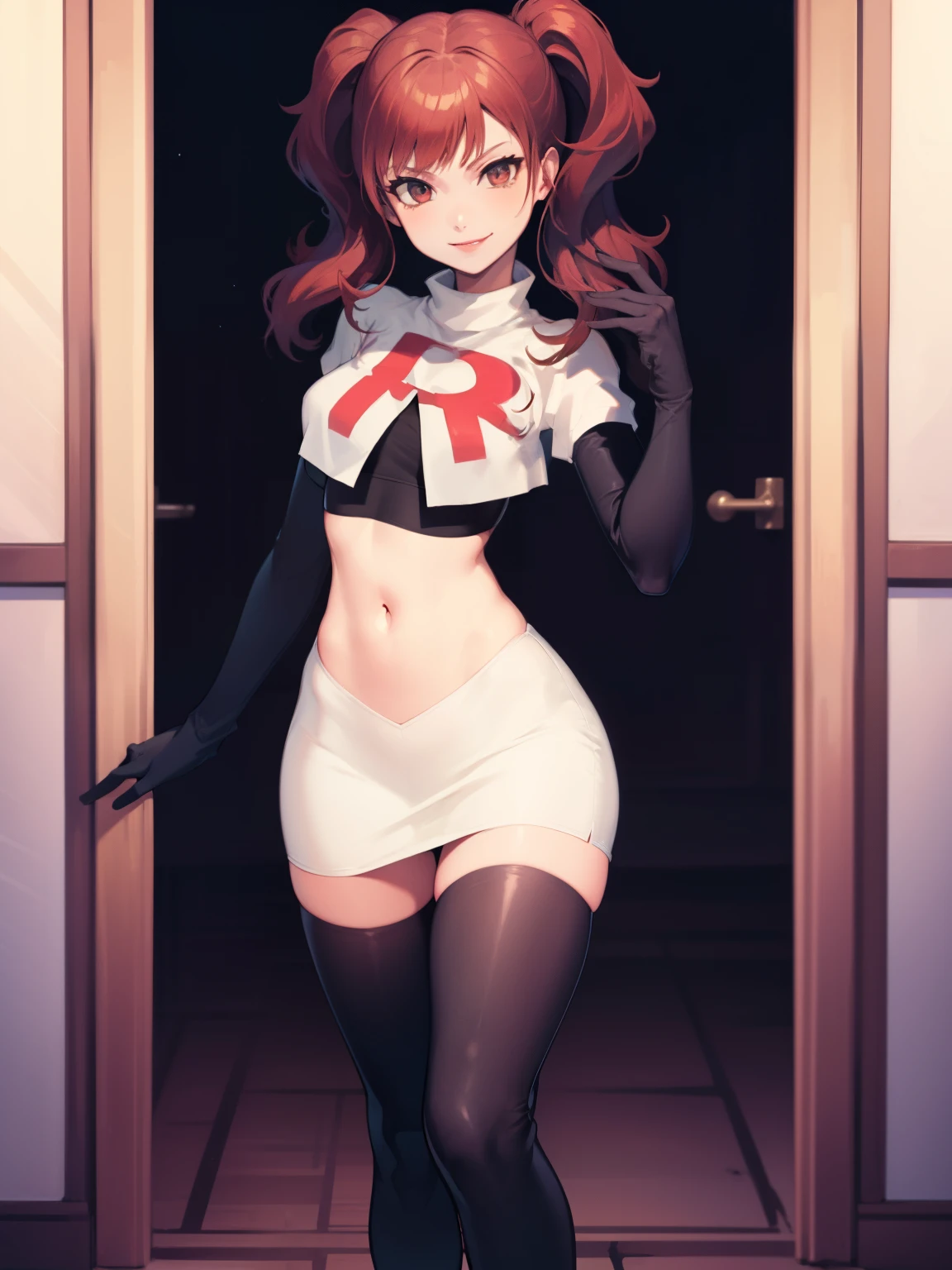 Rise Kujikawa (Persona) ,glossy lips ,team rocket uniform, red letter R, white skirt,white crop top,black thigh-high boots, black elbow gloves, evil smile, looking at viewer, cowboy shot