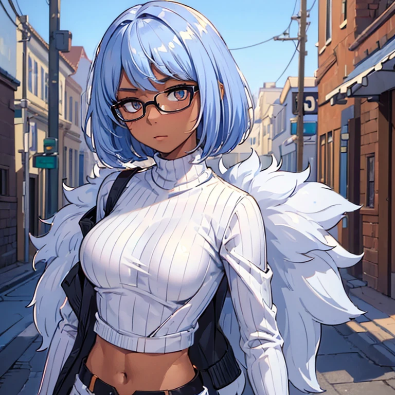 ((Best quality, 8k, Masterpiece: 1.3)), Sharp focus A beautiful woman with perfect body, Slim abdomen, ((Layered haircut: 1.2)), (White shirt), (Street: 1.2), Highly detailed face and skin texture, Detailed eyes, Double eyelid dark skin, tanned body, shy expression, wearing glasses, alluring expression , wearing sweater, potrait