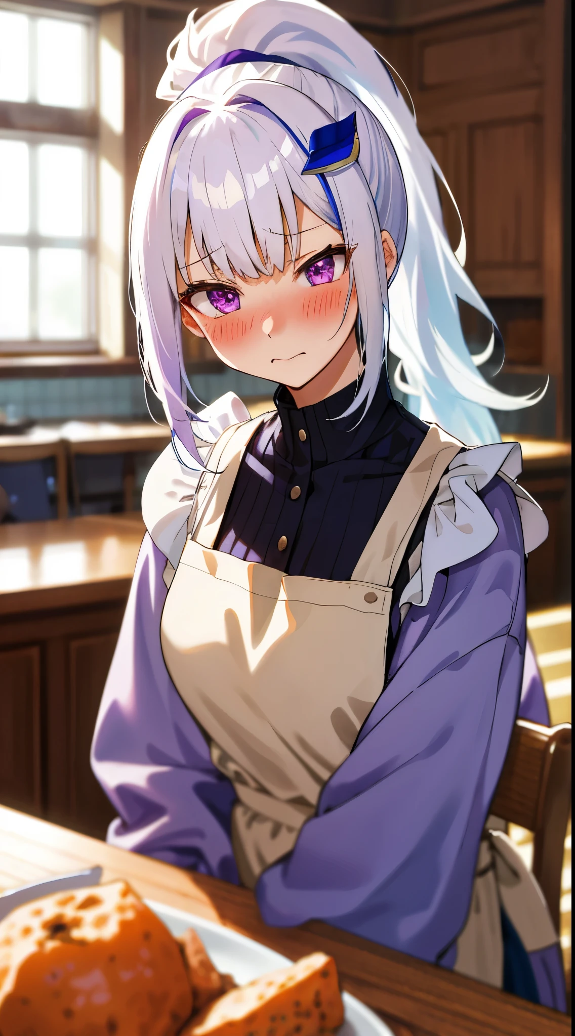 One girl with high ponytail hair, bangs, white hair, blue inner hair:1.25) , purple eyes, looking away, blushing, embarrassed, indoor, dining room, kitchen, table, sitting, sweaters, apron, mid-chest, day atmosphere, hair ornament, medium breasts, upper body, focus, blurry background, food