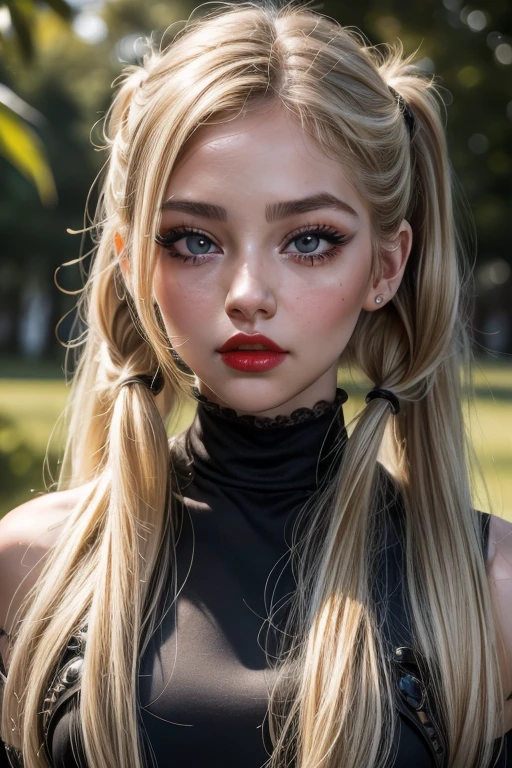(8k, 4k, best quality, highres, ultra high res:1.1), (masterpiece, realistic, photo-realistic:1.1), 1girl, face, close-up, twintails, blonde hair, black eyes, red lips, (looking at viewer:2), absurdly long hair, long eyelashes, eyeshadow, small face, big eyes,
bare shoulders,
high contrast,
