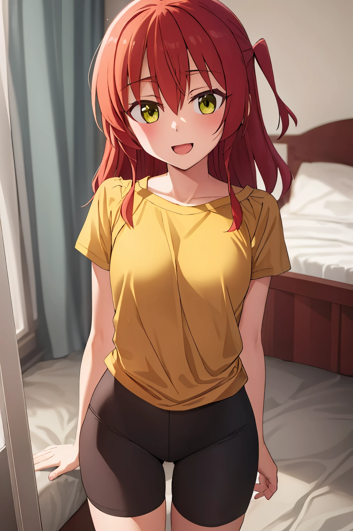 1 girl, best quality, ultra high res, long hair, red hair, green eyes, looking at viewers, small breast, standing, pov, slim body, loli body, small body, smile, open mouth, yellow shirt, short sleeves, bike shorts, bedroom, white bed sheets,