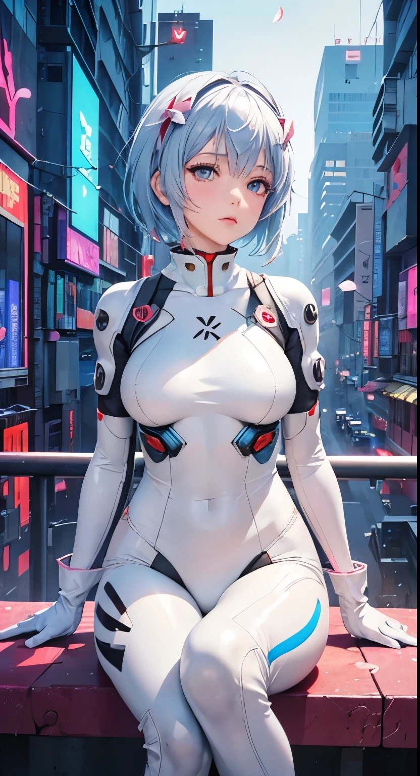 (Realistic, photoRealistic), Ayanami_wang, 1girl in, Blue short hair, white hair ornament, ((White bodysuit, gloves)), Saihar body), Sitting on the ground, (Cowboy Shot),(masutepiece, High quality, Best Quality), (Colorful),(Delicate eyes and face), volumatic light, Ray tracing, the Extremely Detailed CG Unity 8K Wallpapers,Solo((flying petal)),Outdoors, ((Cyberpunk)), Cyber City, ((neon trim)), Night,(Cityscape),frontage,(Opening legs)