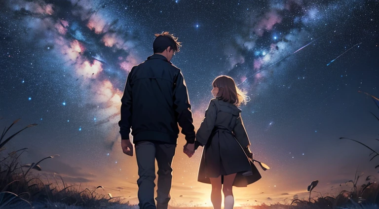 A boy and girl walking hand in hand under the Milky Way