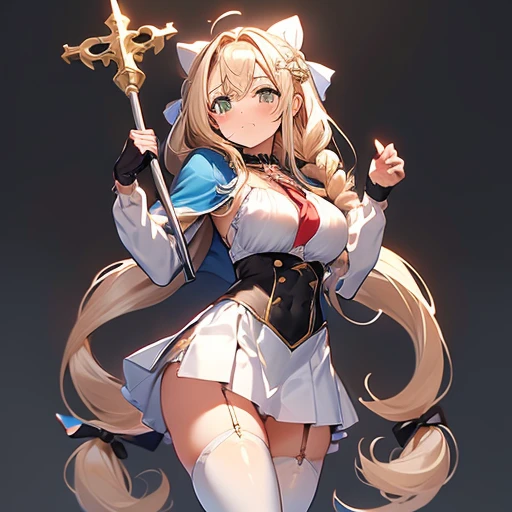 1girl in, Solo, Long hair, breasts, Looking at Viewer, blush, Bangs, Skirt, Blonde hair, big breast background, thighs thighs thighs thighs, gloves, Bow, bow ribbon, Holding, Twin-tailed, Green eyes, Full body, braid, Ahoge, hair Bow, pleated Skirt, frilld, twin braids, white thighs thighs thighs thighs, zettai ryouiki, Capelet, low Twin-tailed, garter strap, white Skirt, Cross, A staff,Holding A staff, Underbust, blue gloves,absurdly Long hair,Cross-laced clothes,blue Capelet, Red bow ribbons、Cross choker,Underbust,straplessdress,Cross earrings,Smile,