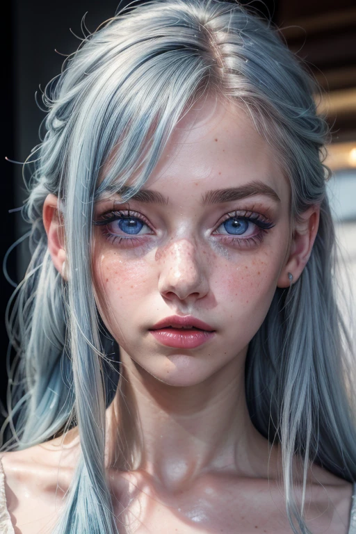 (8k, 4k, best quality, highres, ultra high res:1.1), (masterpiece, realistic, photo-realistic:1.1), 1girl, face, close-up, light blue hair, light violet eyes, red lips, freckles, (looking at viewer:2), absurdly long hair, long eyelashes, eyeshadow, small face, big eyes, fair skin, bare shoulders, high contrast,